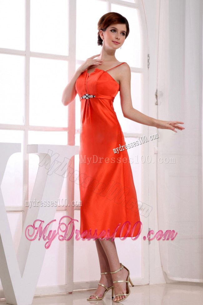Spaghetti Straps Tea-length Column Orange Red Summer Prom Dress