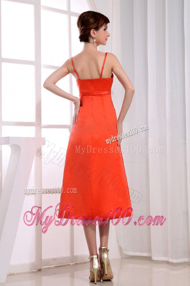 Spaghetti Straps Tea-length Column Orange Red Summer Prom Dress