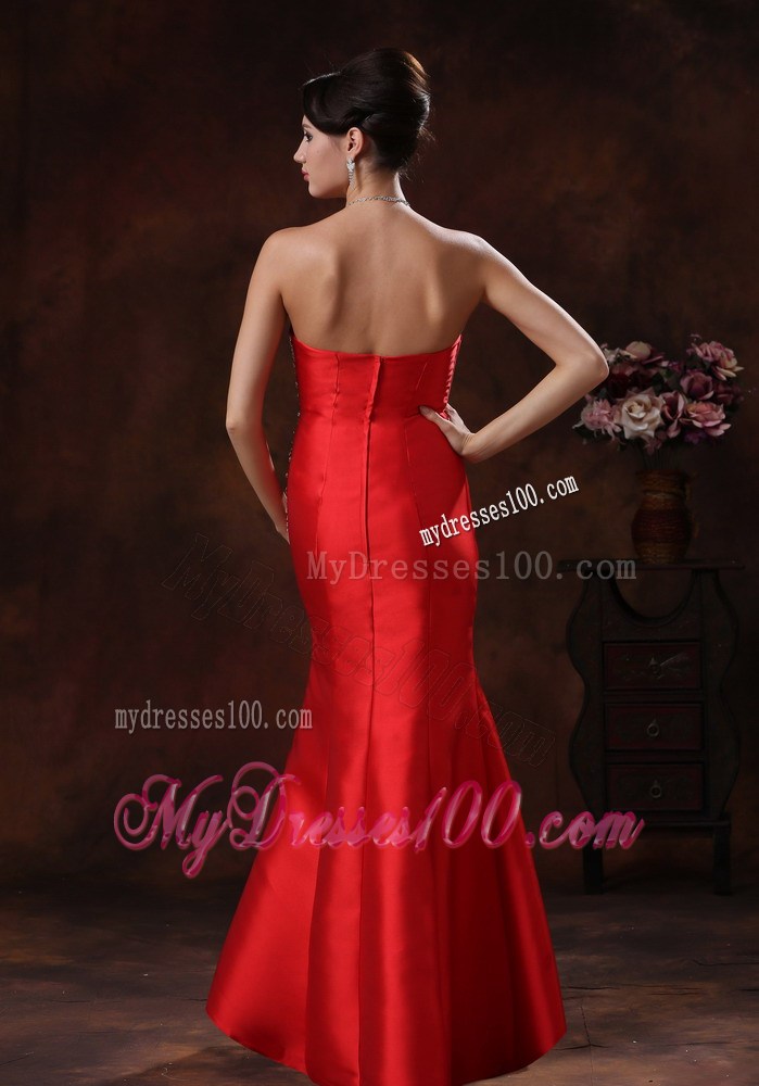 Summer Strapless Red Mermaid Prom Dress With Beaded Decorate