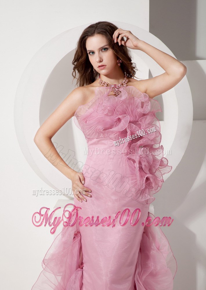Exquisite Pink Mermaid Prom Dresses Strapless Beading Brush Train