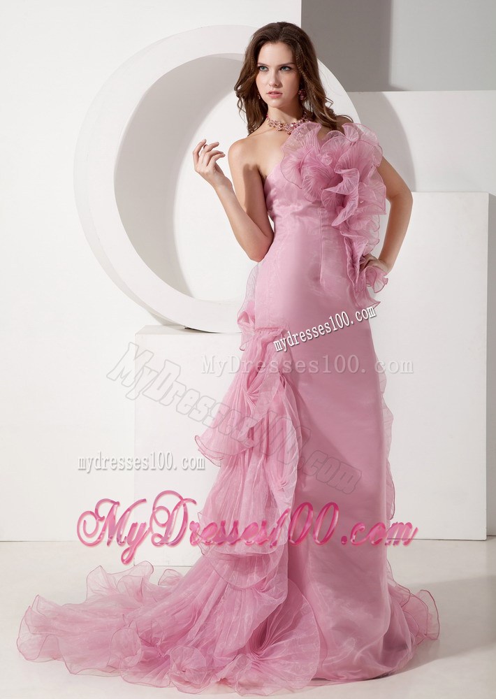 Exquisite Pink Mermaid Prom Dresses Strapless Beading Brush Train