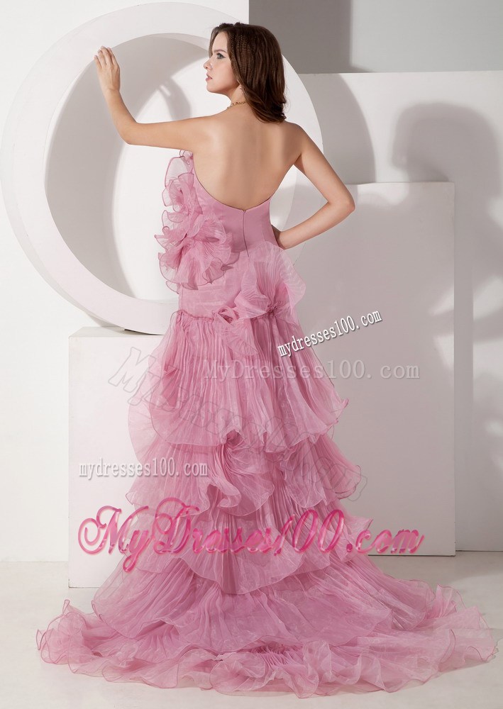Exquisite Pink Mermaid Prom Dresses Strapless Beading Brush Train