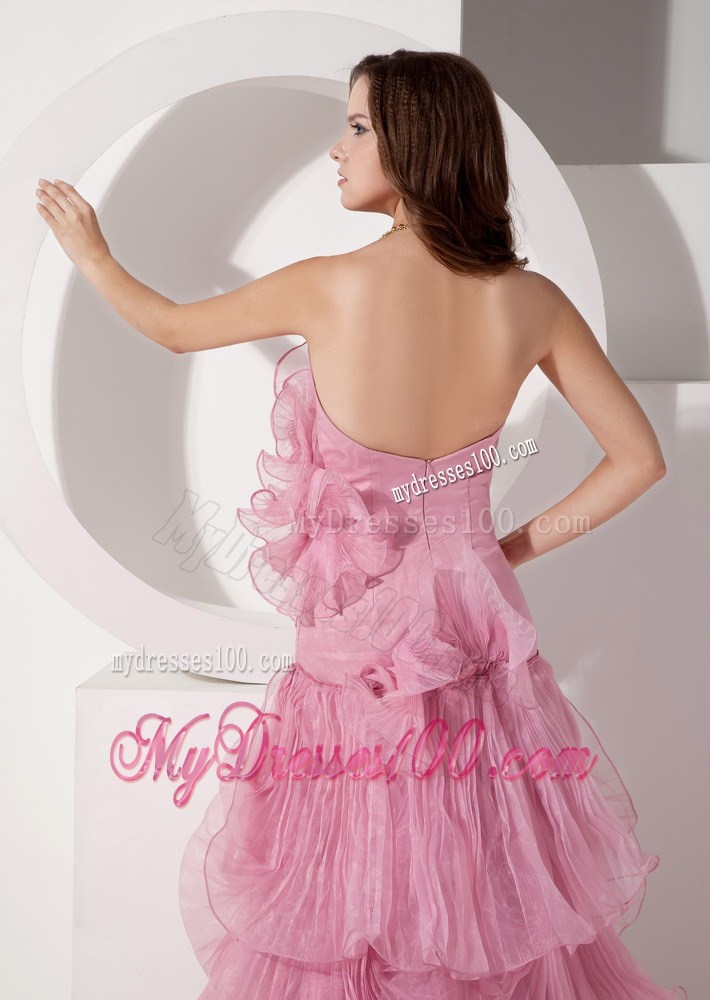 Exquisite Pink Mermaid Prom Dresses Strapless Beading Brush Train