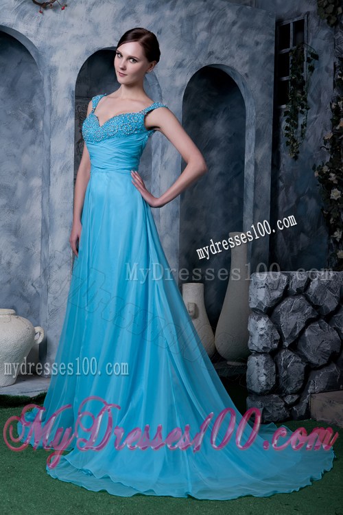 Exquisite Aqua Blue Prom Dress Straps Beading Sweep Train