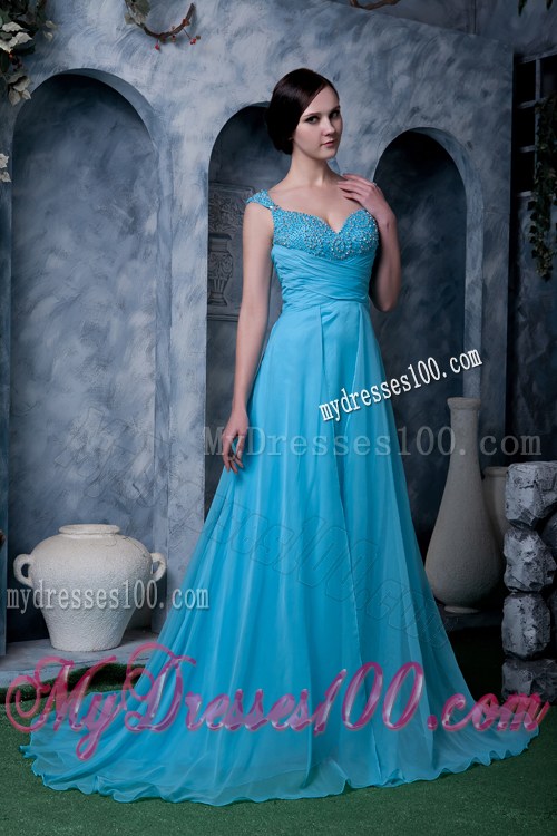 Exquisite Aqua Blue Prom Dress Straps Beading Sweep Train