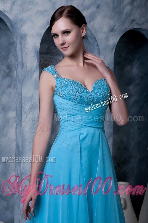 Exquisite Aqua Blue Prom Dress Straps Beading Sweep Train