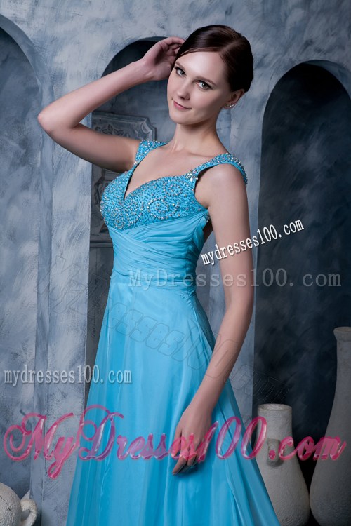 Exquisite Aqua Blue Prom Dress Straps Beading Sweep Train