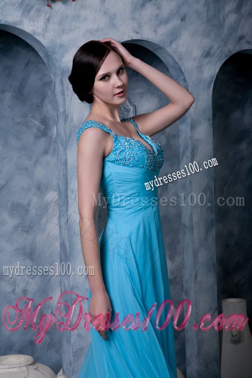 Exquisite Aqua Blue Prom Dress Straps Beading Sweep Train