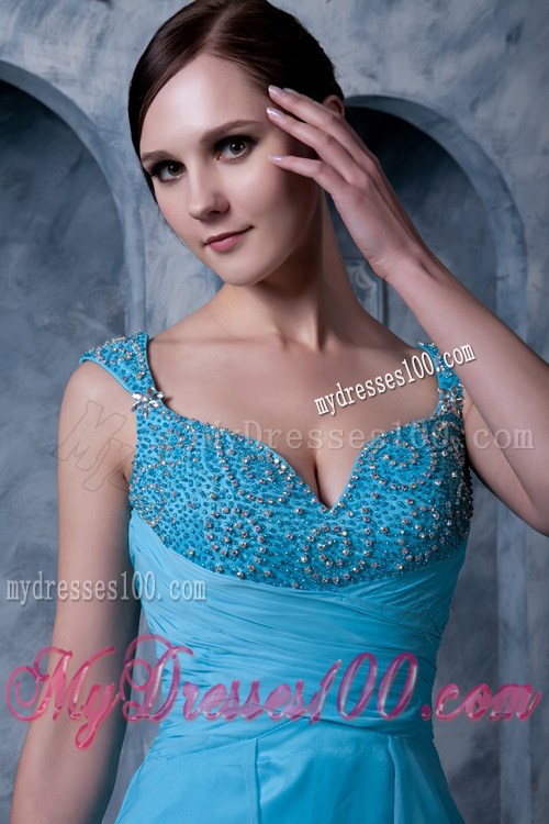 Exquisite Aqua Blue Prom Dress Straps Beading Sweep Train