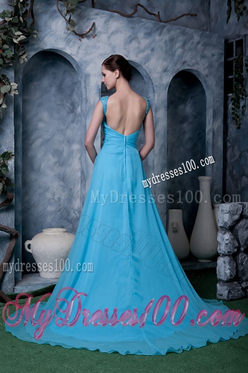 Exquisite Aqua Blue Prom Dress Straps Beading Sweep Train