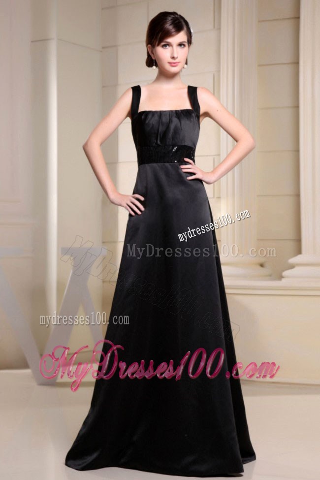 Straps Black Prom Dress With Belt A-line Floor-length