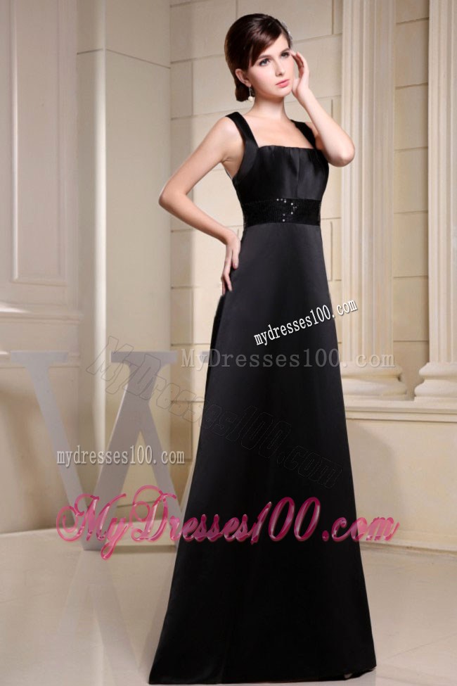 Straps Black Prom Dress With Belt A-line Floor-length