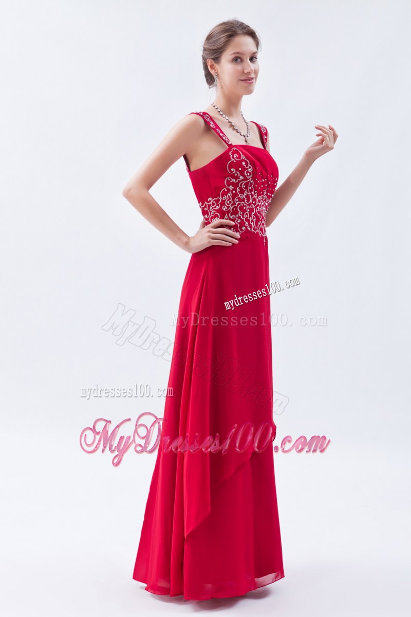 Coral Red Empire Straps 2013 Long Prom Dress Beading Floor-length
