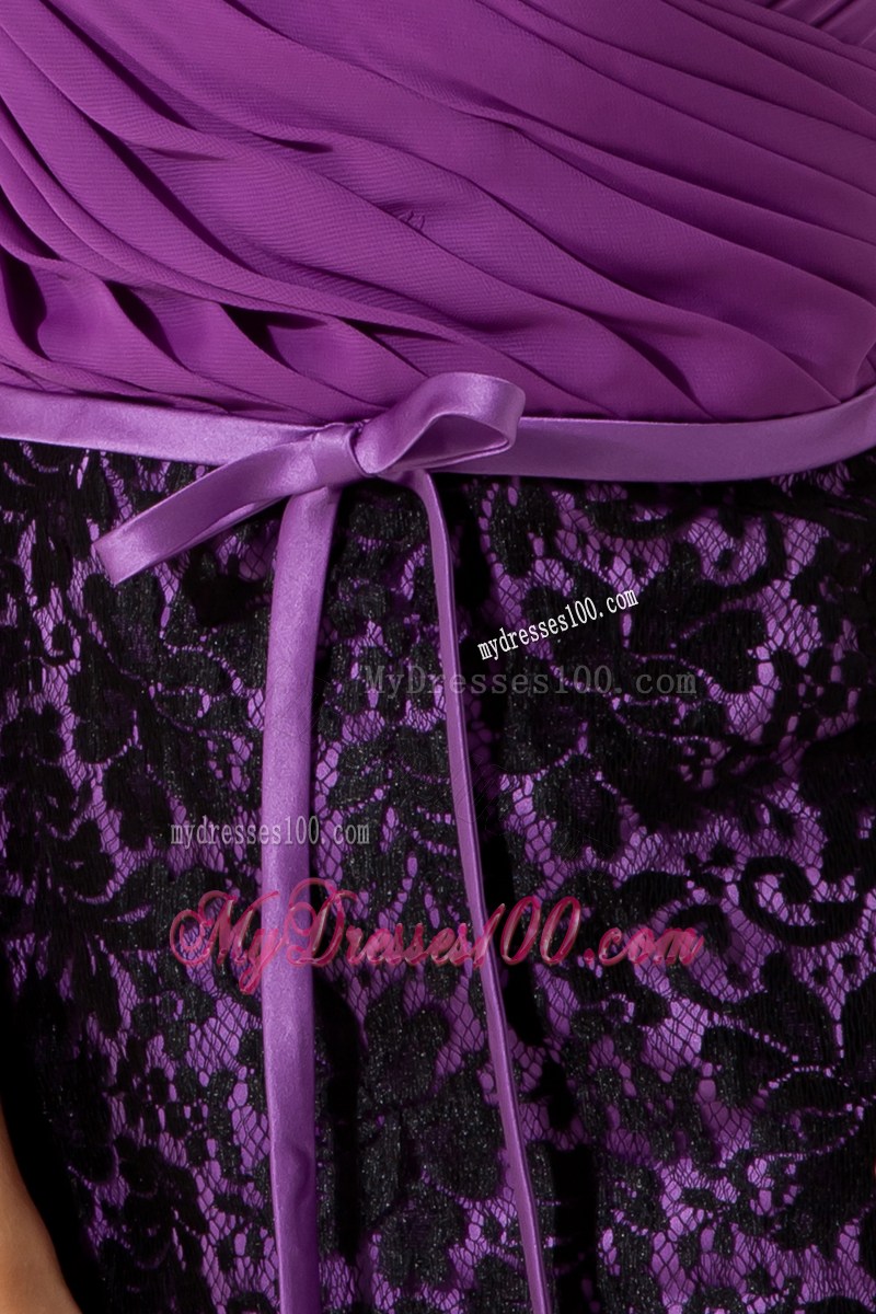 Purple Column Straps Ruching Short Prom Dress Mini-length with Lace