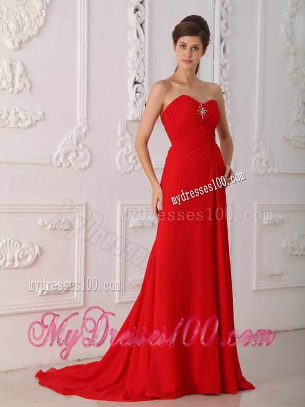 Red Column Sheath Sweetheart Sweep Train Beading Prom Dresses