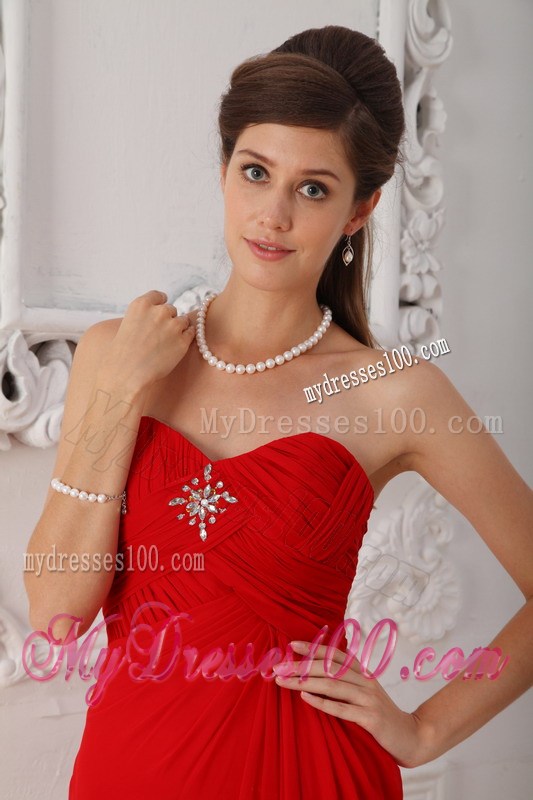Red Column Sheath Sweetheart Sweep Train Beading Prom Dresses
