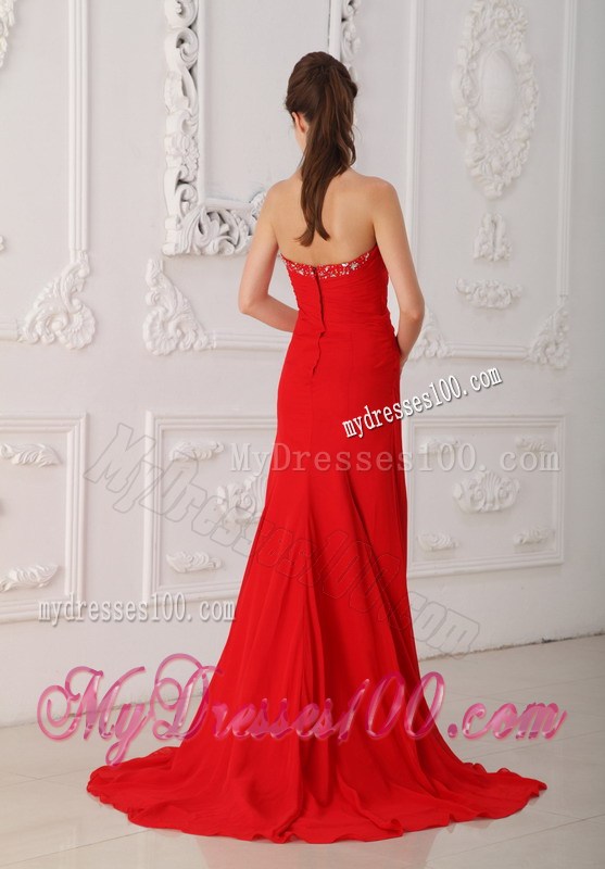 Red Column Sheath Sweetheart Sweep Train Beading Prom Dresses