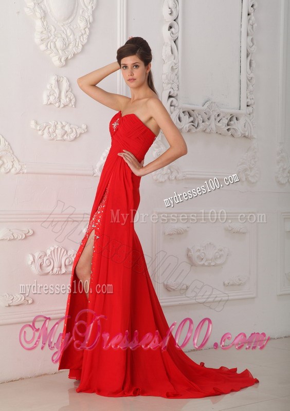 Red Column Sheath Sweetheart Sweep Train Beading Prom Dresses