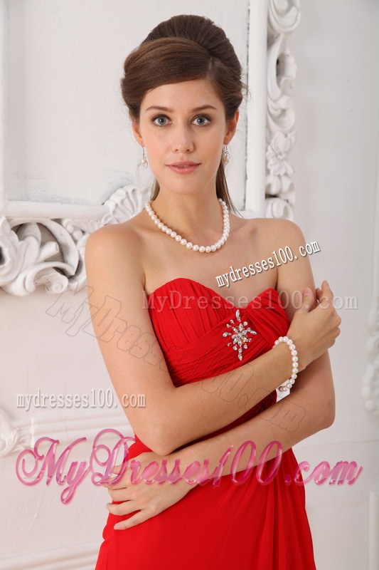 Red Column Sheath Sweetheart Sweep Train Beading Prom Dresses