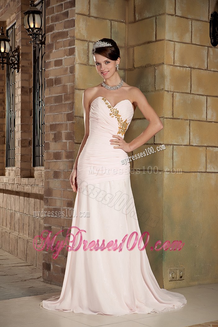Cheap Light Pink Column Sweetheart Brush Train Beading Prom Dress
