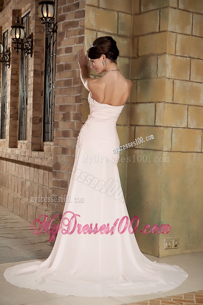 Cheap Light Pink Column Sweetheart Brush Train Beading Prom Dress