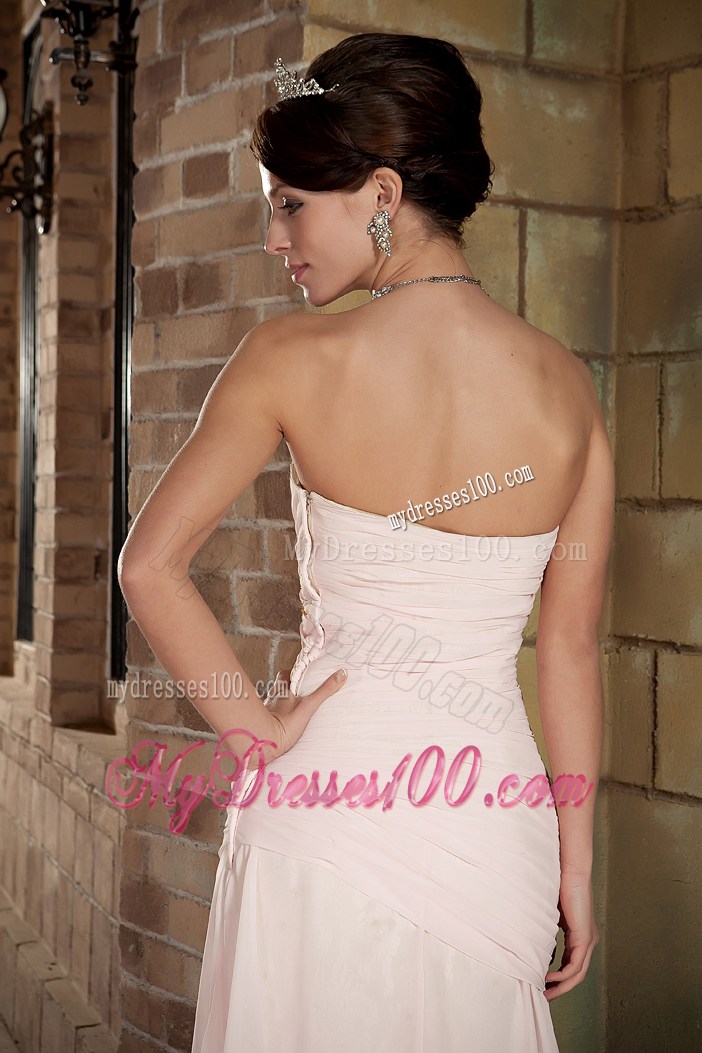 Cheap Light Pink Column Sweetheart Brush Train Beading Prom Dress