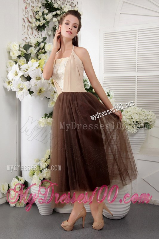 Affordable Brown Empire Halter Tea-length Lace Summer Prom Dress
