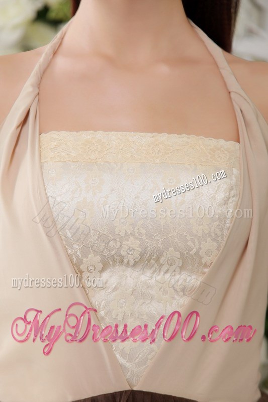 Affordable Brown Empire Halter Tea-length Lace Summer Prom Dress