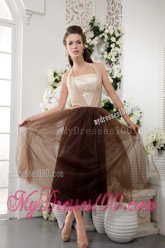 Affordable Brown Empire Halter Tea-length Lace Summer Prom Dress