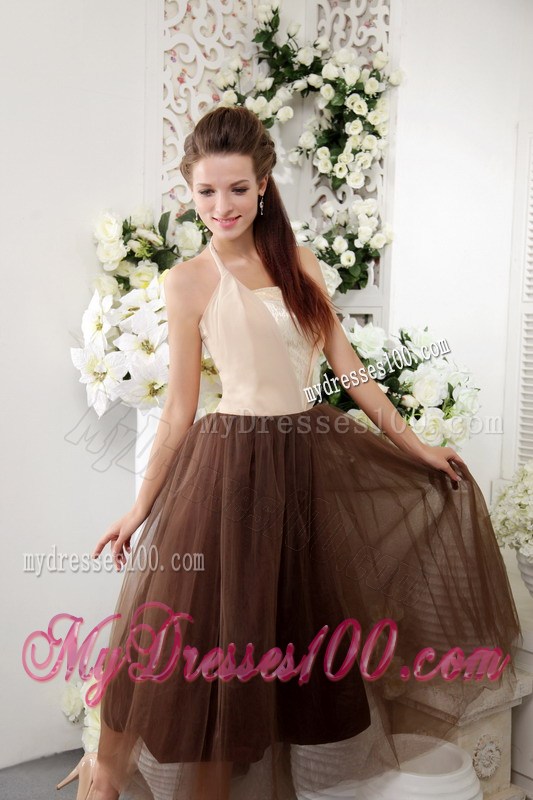 Affordable Brown Empire Halter Tea-length Lace Summer Prom Dress