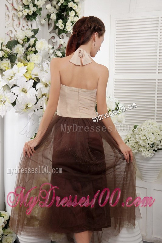 Affordable Brown Empire Halter Tea-length Lace Summer Prom Dress