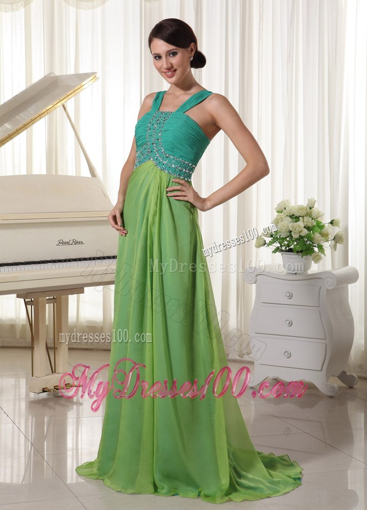 Brush Train Straps Beading Ruched Prom Dress Teal and Spring Green