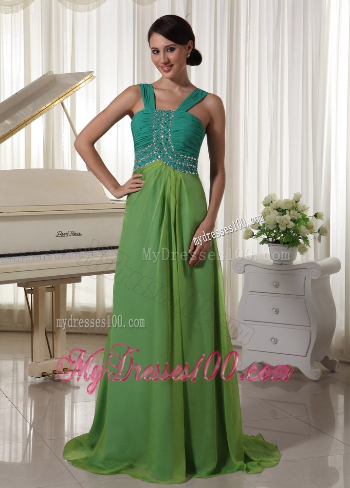 Brush Train Straps Beading Ruched Prom Dress Teal and Spring Green