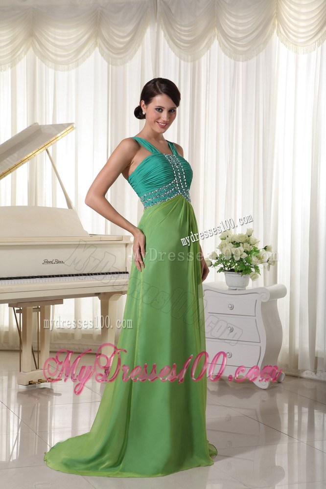Brush Train Straps Beading Ruched Prom Dress Teal and Spring Green