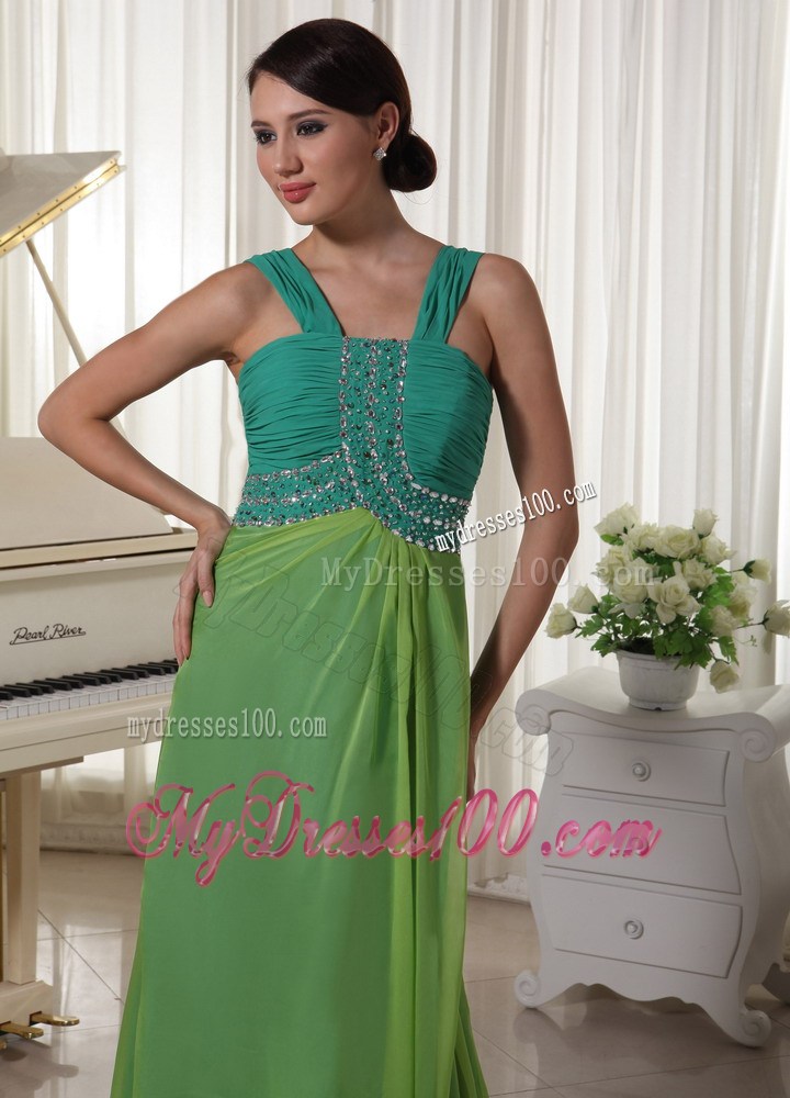 Brush Train Straps Beading Ruched Prom Dress Teal and Spring Green