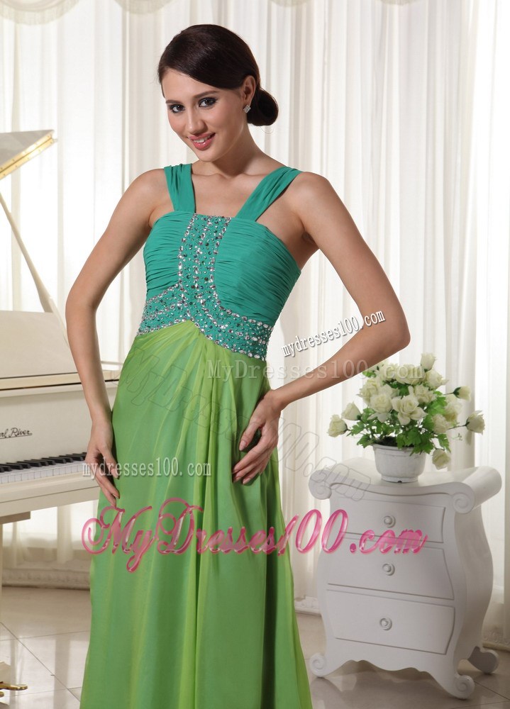 Brush Train Straps Beading Ruched Prom Dress Teal and Spring Green