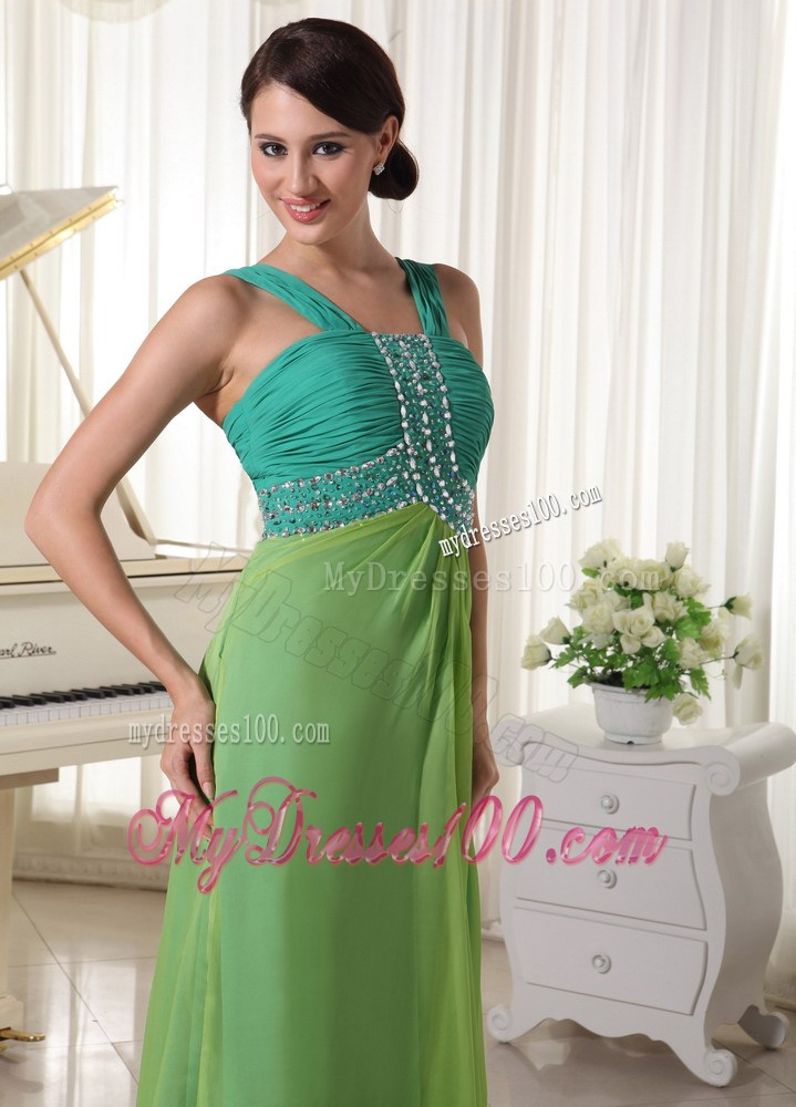 Brush Train Straps Beading Ruched Prom Dress Teal and Spring Green