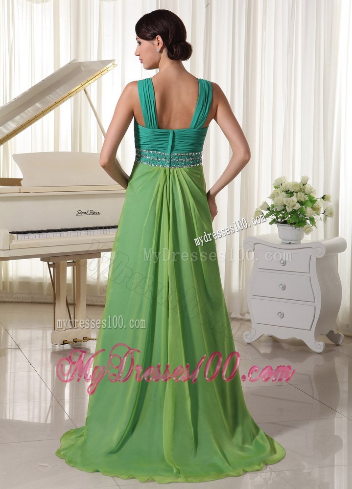 Brush Train Straps Beading Ruched Prom Dress Teal and Spring Green