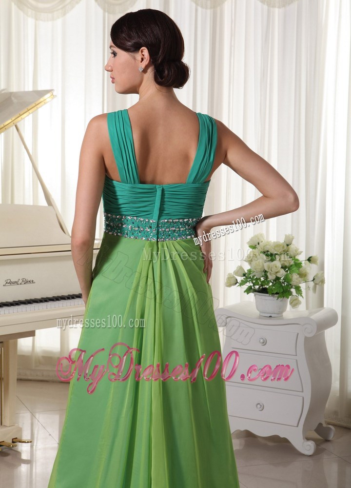 Brush Train Straps Beading Ruched Prom Dress Teal and Spring Green