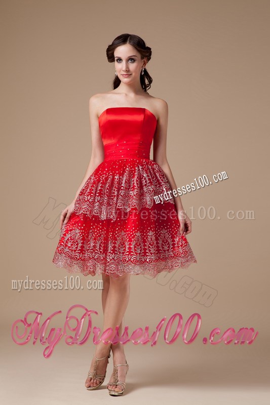 Sexy Red Strapless Summer Prom Dress Beading Knee-length
