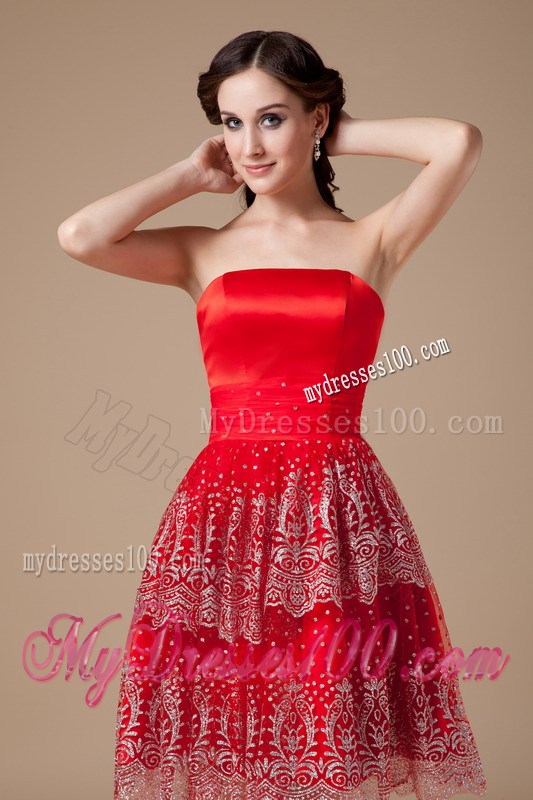 Sexy Red Strapless Summer Prom Dress Beading Knee-length
