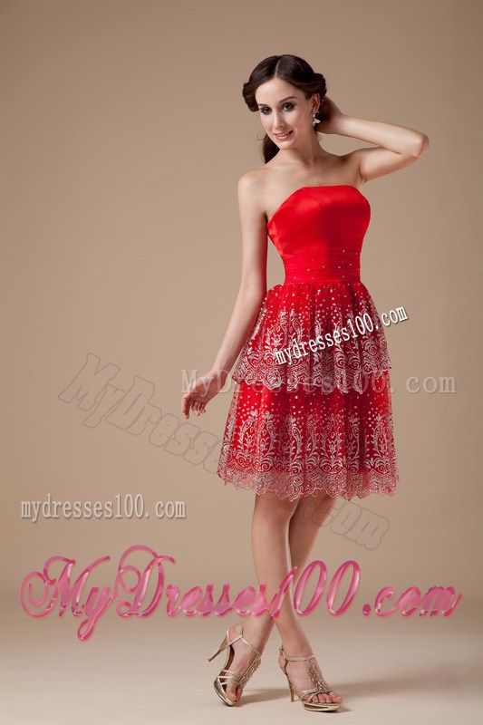 Sexy Red Strapless Summer Prom Dress Beading Knee-length