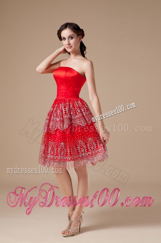 Sexy Red Strapless Summer Prom Dress Beading Knee-length