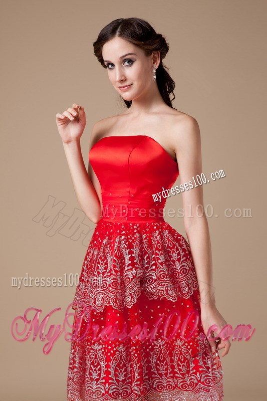 Sexy Red Strapless Summer Prom Dress Beading Knee-length
