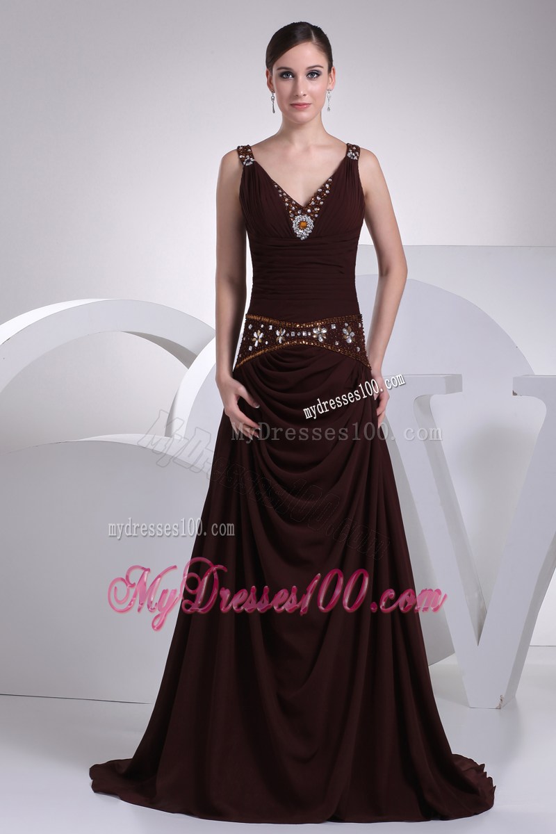 V-neck A-line Brown Beading Brush Train Prom Dress