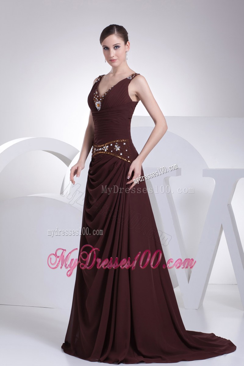 V-neck A-line Brown Beading Brush Train Prom Dress