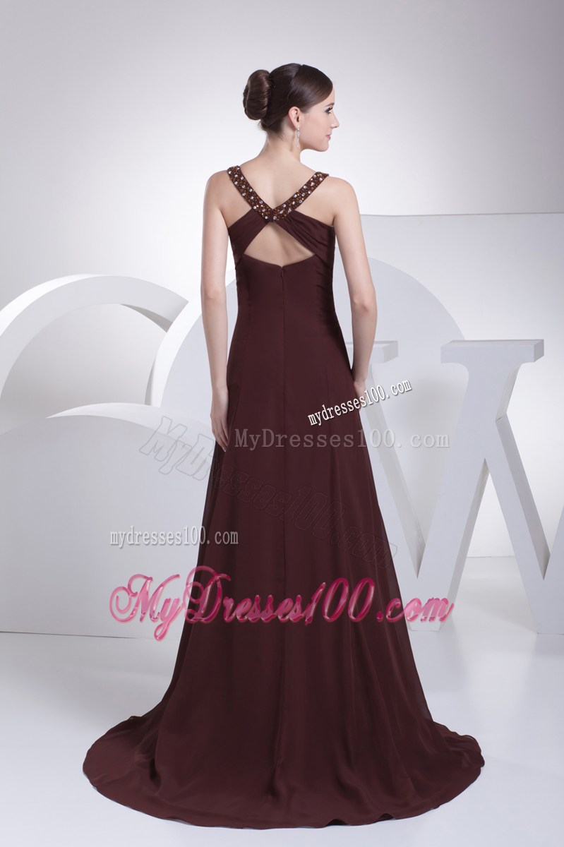 V-neck A-line Brown Beading Brush Train Prom Dress