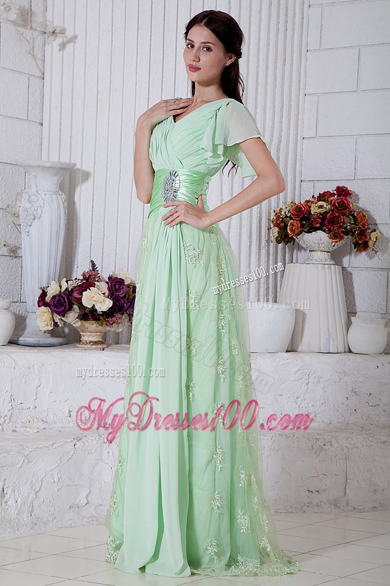 Cute Apple Green Empire V-neck Beading Prom Dresses Brush Train