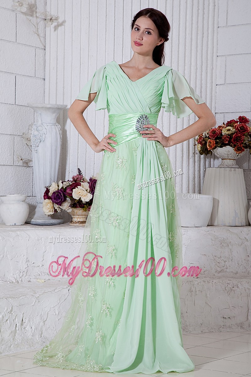 Cute Apple Green Empire V-neck Beading Prom Dresses Brush Train
