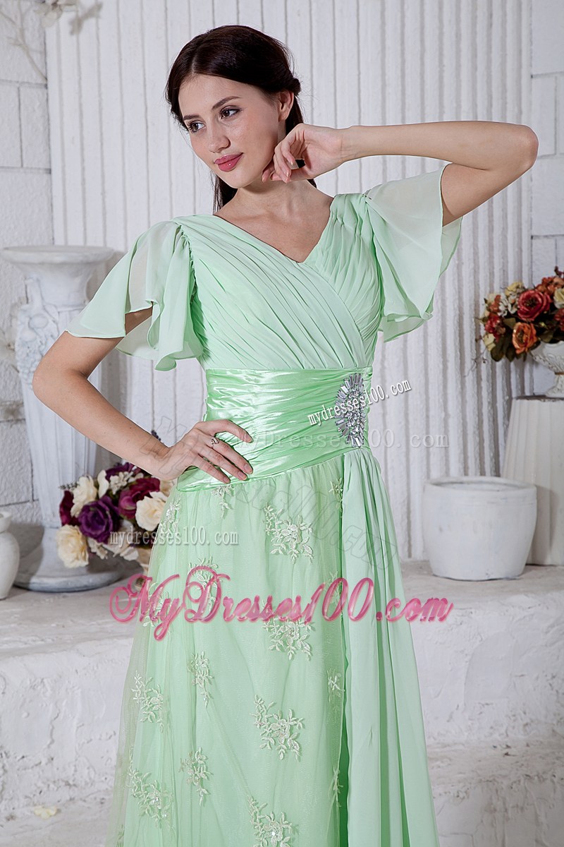 Cute Apple Green Empire V-neck Beading Prom Dresses Brush Train